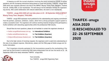 THAIFEX – anuga ASIA 2020 IS RESCHEDULED TO 22 – 26 SEPTEMBER 2020